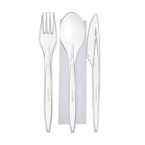 Premium wielorazowy komplet WIDELEC NÓŻ ŁYŻKA SERWETKA transparent