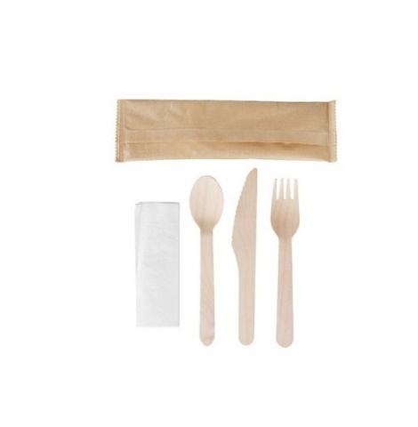 Drewniany widelec + nóż + łyżka + serwetka w papierku 100szt U1350