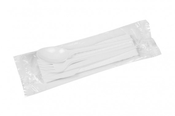Komplet widelec nóż łyżka serwetka biały
