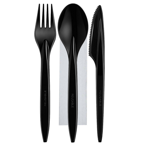 Premium wielorazowy komplet WIDELEC NÓŻ ŁYŻKA SERWETKA czarne