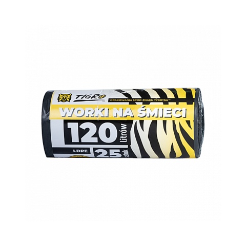 TIGRO WORKI NA ŚMIECI LDPE 120L 70x110 A25 CZARNE PREMIUM