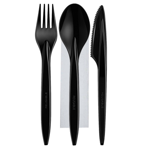 Premium wielorazowy komplet WIDELEC NÓŻ ŁYŻKA SERWETKA czarne